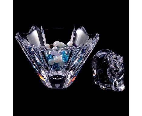 An Orrefors glass bowl, 14cm high, with glass pebbles/ stones, and modern crystal glass Polar bear figure, indistinct etched 