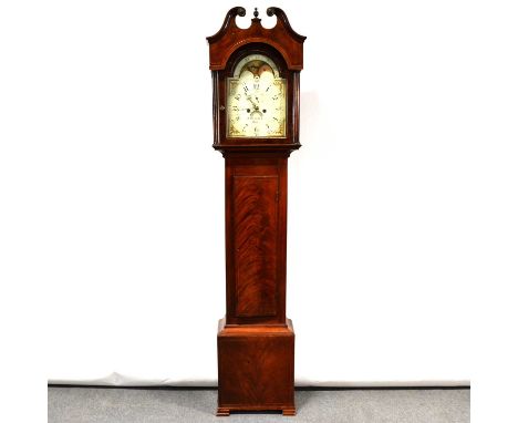 Mahogany longcase clock, the hood with swan neck pediment, turned columns, trunk with long door, bracket feet, twelve inch ar