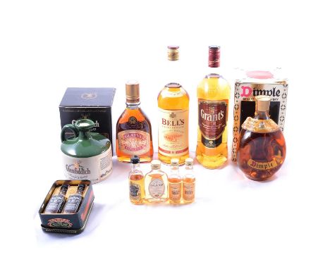 Selection of assorted blended whisky including Dimple, 70 proof, 26 2/3fl oz, in carton; Grant's 1L 40%; Bell's Extra Special