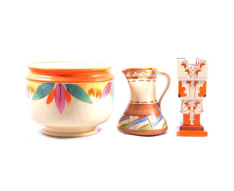 FIve items of Myott Art Deco pottery, including two jardinieres, a stepped Tulip vase, 21.5cm, a lozenge form centre bowl wit