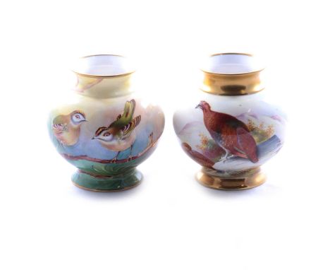 Caverswall china - Red Grouse vase, hand-painted by L Woodhouse, ltd ed 3/30; and Goldcrest vase, hand-painted by R. A. Shutt