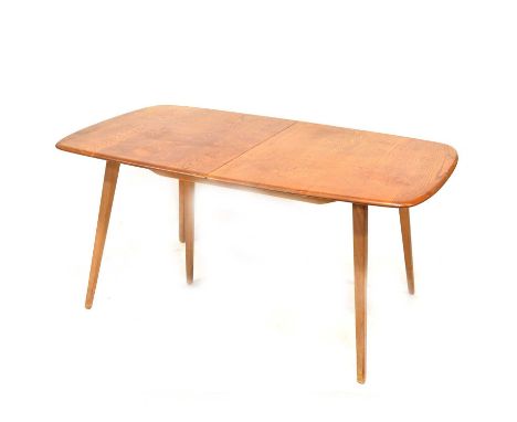Ercol, large extending 'Grand Plank' dining table with six Windsor Quaker armchairs, the table with rounded rectangular top, 