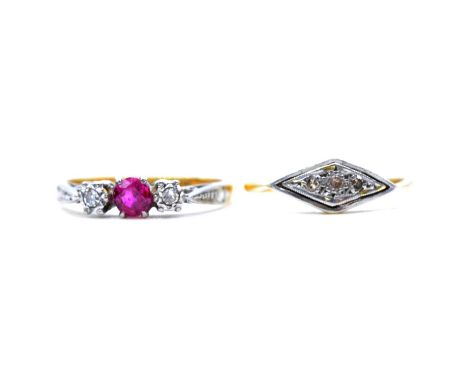 A synthetic ruby and diamond three stone ring, and another diamond three stone ring, a synthetic ruby and diamond three stone