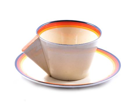 Clarice Cliff, a 'Bizarre' series Conical shape tea cup and saucer, painted with bands or red, orange and black, facsimile Wi