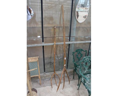 TWO VINTAGE FRENCH WOODEN THREE TINE HAY FORKS 