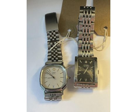 TWO WRIST WATCHES TO INCLUDE A CITIZEN ECO DRIVE AND A TIMEX BOTH WITH STAINLESS STEEL CASES AND STRAPS 