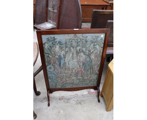 A 20TH CENTURY MAHOGANY FIRESCREEN ON CABRIOLE LEGS WITH WOOLWORK PANEL 