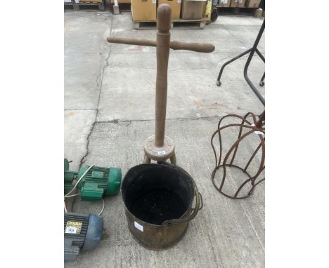 A VINTAGE WOODEN DOLLY POSSER AND A BRASS COAL BUCKET 