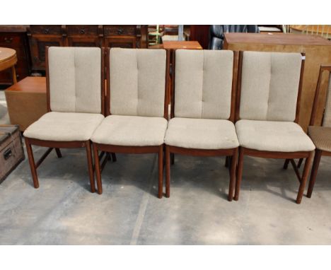 A SET OF FOUR RETRO TEAK WHITE AND NEWTON DANISH STYLE UPHOLSTERED AND LADDER-BACK DINING CHAIRS 