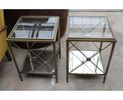 A PAIR OF METAL FRAMED TWO TIER LAMP TABLES WITH INSET GLASS TOP AND MIRRORED LOWER SHELF, 16" SQUARE EACH 
