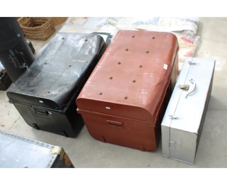 TWO VINTAGE METAL STORAGE TRUNKS AND A METAL CARRY CASE 