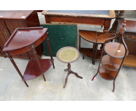 AN EDWARDIAN THREE TIER 10.5" DIAMETER AFTERNOON TEA STAND, FOLDING CARD TABLE, WINE TABLE AND TWO TIER CORNER TABLE 