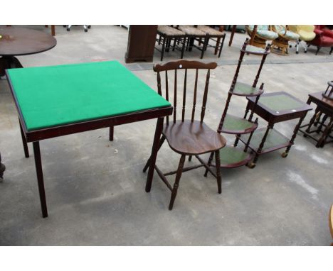 A TELEPHONE TABLE, CORNER WHATNOT, KITCHEN CHAIR AND A FOLDING CARD TABLE 