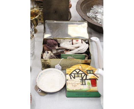 A VINTAGE PLAYERS ASHTRAY PLUS TWO VINTAGE TINS - ONE INCLUDING SEWING RELATED ITEMS 