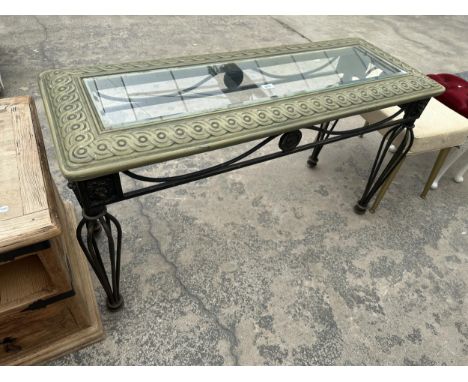 A MODERN METALWARE CONSOLE TABLE WITH INSET GLASS TOP, 48" WIDE 