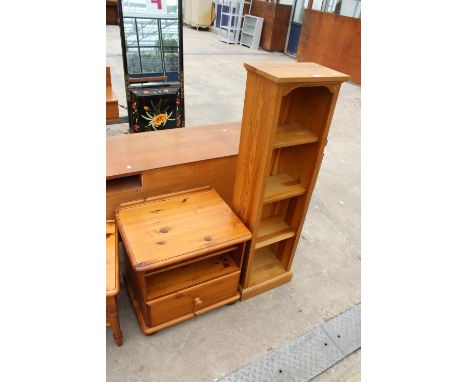 A PINE OPEN FOUR TIER DISPLAY SHELF, 15" WIDE AND A PINE BEDSIDE TABLE 
