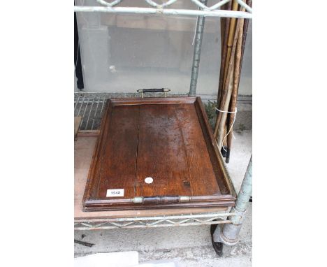 A VINTAGE OAK TWIN HANDLED TRAY 