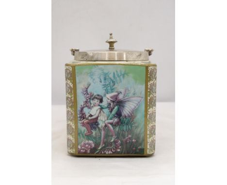 A CERAMIC TEA CADDY DEPICTING  FLOWER FAIRIES BY CICELY MARY BARKER - 12 x 6 x 6 INCH 