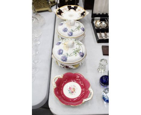 TWO SPODE 'STAFFORD FLOWERS' LIDDED TUREENS, A VINTAGE COALPORT TAZA CAKE PLATE AND A COALPORT DISH 