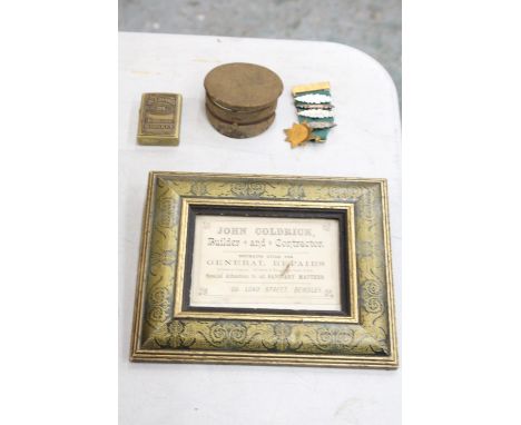 A FRAMED ADVERTISING JOHN COLDRICK SLIP PLUS A JACK DANIELS ZIPPO LIGTHER TOGETHER WITH A ROSPA SAVE DRIVING MEDAL WITH THREE