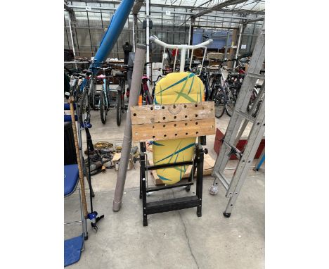 A BLACK AND DECKER WORKMATE, AN IRONING BOARD AND A PROJECTOR SCREEN ETC 