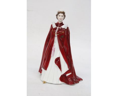 A ROYAL WORCESTER FIGURINE "IN CELEBRATION OF THE QUEEN'S 80TH BIRTHDAY 2006" DRESSED IN THE ROBES OF THE ORDER OF THE BRITIS