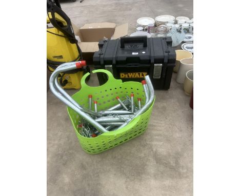 A PLASTIC DEWALT TOOLBOX AND A ROOF LADDER 