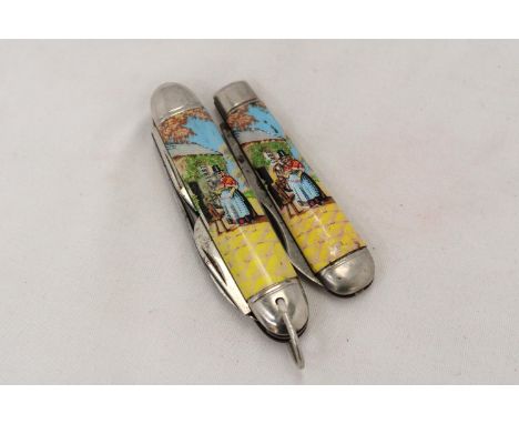 TWO VINTAGE, WELSH LADY, PEN KNIVES WITH MOTHER OF PEARL BACKS 