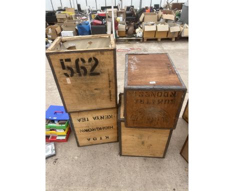 FOUR VINTAGE WOODEN TEA CHESTS 