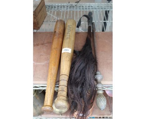 TWO VINTAGE WOODEN ROUNDERS BATS, A HORSE HAIR CROP AND A FIRE POKER 