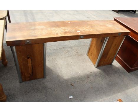 A PEIFF RETRO HARDWOOD FOLD-OVER DINING TABLE/CONSOLE TABLE ON POLISHED CHROME LEGS, 71" X 35" OPENED 