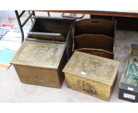 THREE VINTAGE BRASS BOUND COAL BOXES AND AN OAK MAGAZINE RACK 
