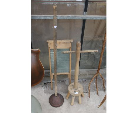THREE VINTAGE ITEMS TO INCLUDE A WOODEN DOLLY POSSER, A COPPER POSSER AND A WASH BOARD 