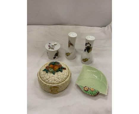 A CKARICE CLIFF CELTIC HARVEST PRESERVE POT TOGETHER WITH A ROYAL WORCESTER CRUET SET AND CARLTON WARE PIN DISH 