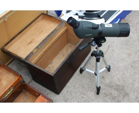 A VINTAGE WOODEN BOX AND A MAGINON TELESCOPE 