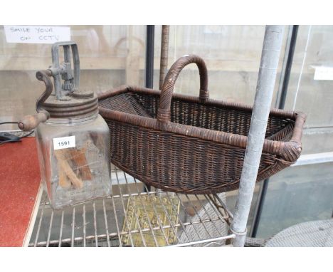 A VINTAGE BLOW BUTTER CHURN AND A WICKER TRUG BASKET 