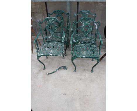 A SET OF FOUR VINTAGE CAST ALLOY CARVER BISTRO CHAIRS (ONE REQUIRES LEG FIXING) 