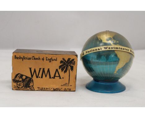 TWO MONEY BOXES TO INCLUDE A VINTAGE PINE, CHURCH OF ENGLAND AND A NAT WEST GLOBE 