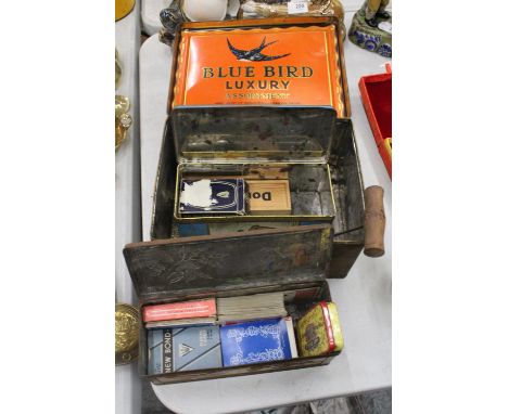 FOUR VINTAGE TINS TO INCLUDE PLAYING CARDS, DOMINOS ETC 