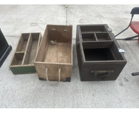 THREE VINTAGE WOODEN CRATES AND TOOL CHESTS 