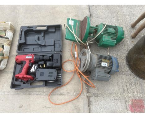 TWO MOTORS TO INCLUDE ONE WITH A DISC SANDER ATTATCHED AND A BATTERY DRILL WITH CARRY CASE 