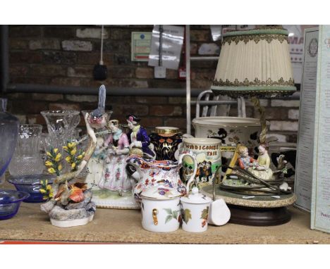 A GROUP OF CERAMICS TO INCLUDE A 20TH CENTURY, GERMAN, CERAMIC FIGURAL GROUP, WITH BLUE CROSS SWORD MARK TO THE BASE, A VINTA