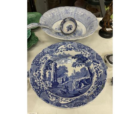 A LARGE VINTAGE 'SPARTAN', BLUE AND WHITE BOWL, A CERAMIC LADEL PLUS A SPODE, 'ITALIAN' LARGE SERVING BOWL, A/F TO THE RIM 