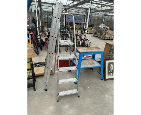 A FOUR RUNG ALUMINIUM STEP LADDER AND AN ALUMINIUM LOFT LADDER 