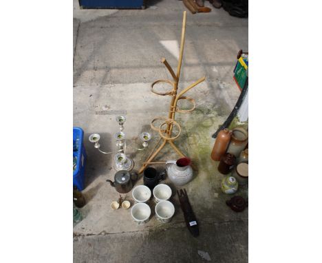 AN ASSORTMENT OF ITEMS TO INCLUDE A CANDLESTICK, JUGS AND A TEAPOT ETC 