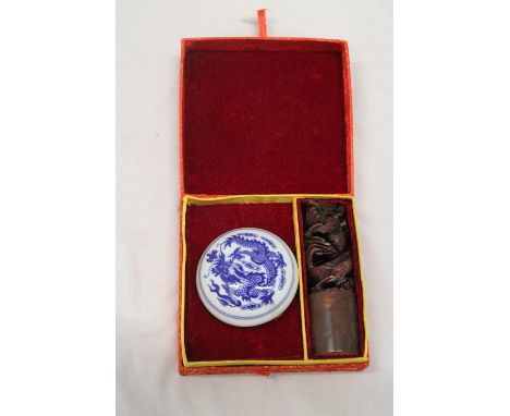 A VINTAGE CHINESE MARBLE STAMP BOX SET 