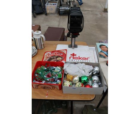AN ASSORTMENT OF VINTAGE CHRISTMAS DECORATIONS AND A DURST M302 ENLARGER ETC 