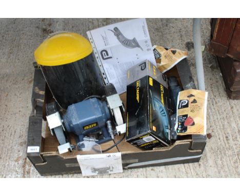 AN ASSORTMENT OF POWER TOOLS TO INCLUDE A POWER CRAFT BENCH GRINDER AND A PRO SANDER ETC 