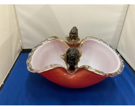 A VINTAGE MURANO AVENTURINE GLASS COMPORT WITH MOORHEAD DECORATION 