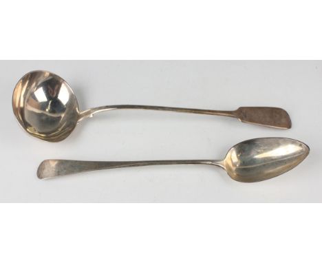 A George III silver Old English pattern gravy spoon, London 1809 by Solomon Hougham, weight 131.6g, length 31cm, together wit